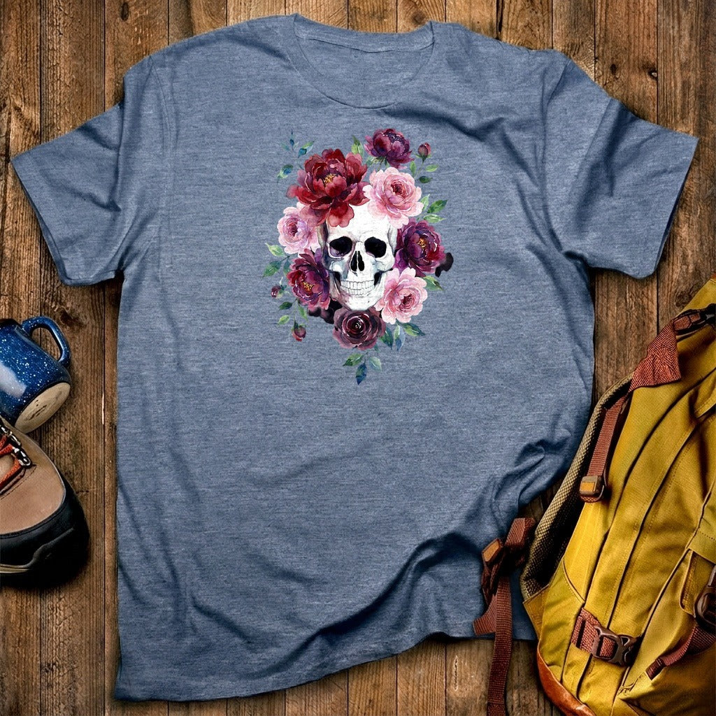 Watercolor Skull with Flowers T-Shirt
