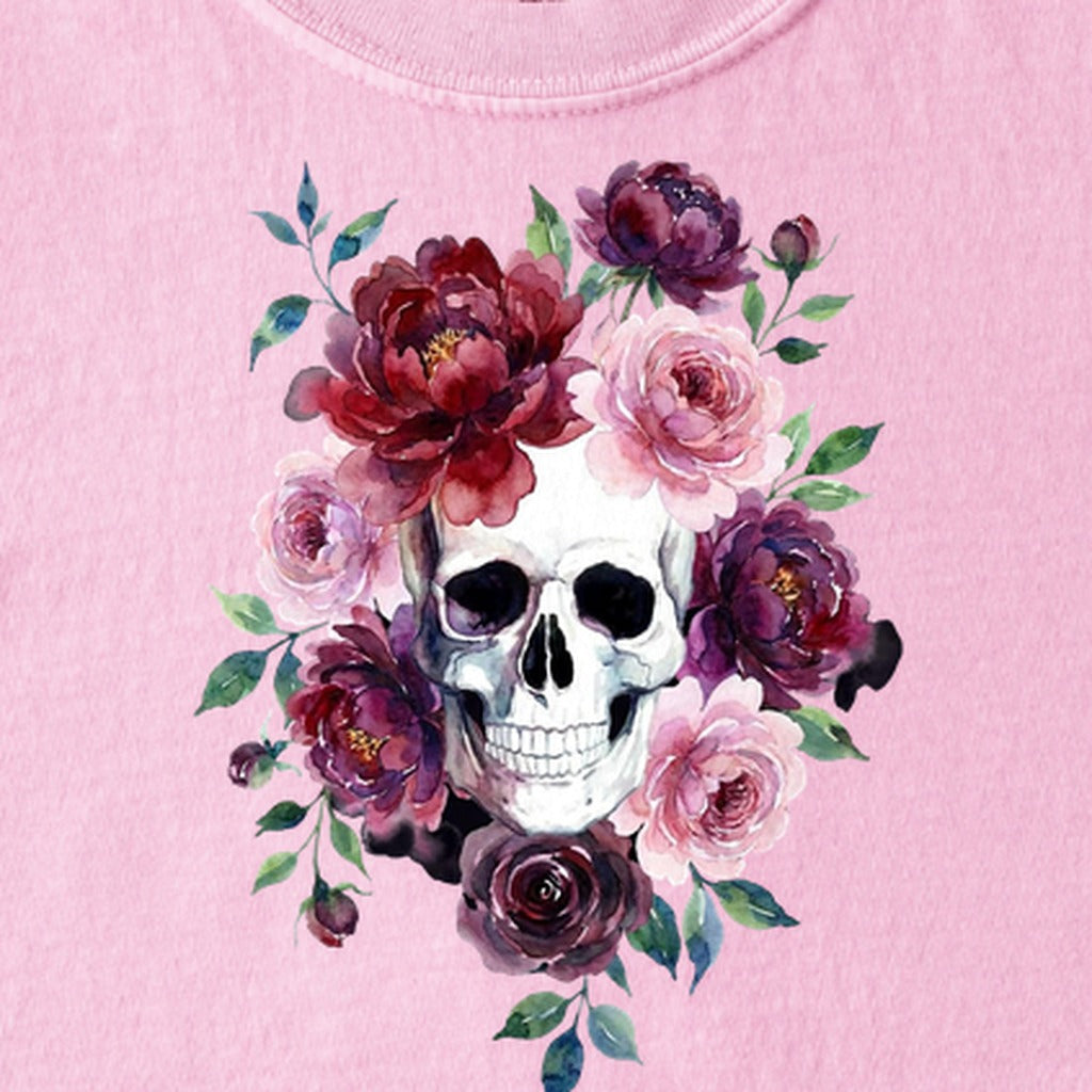 Watercolor Skull with Flowers Kids Cotton T-Shirt