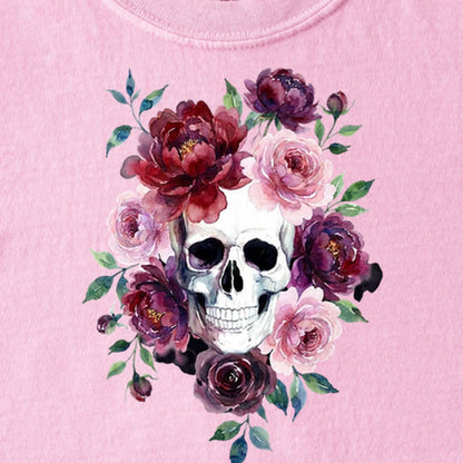 Watercolor Skull with Flowers Kids Cotton T-Shirt