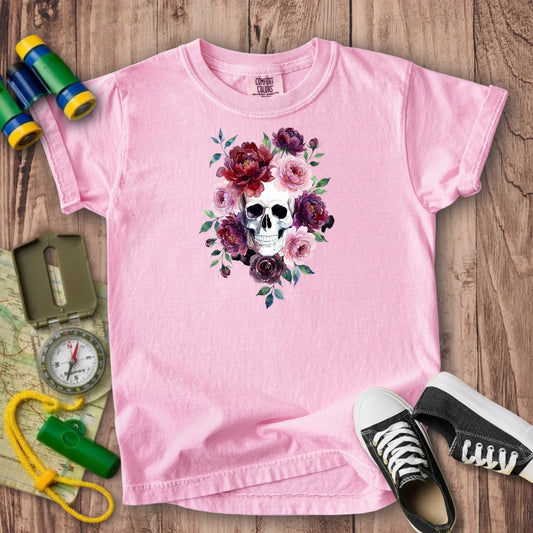 Watercolor Skull with Flowers Kids Cotton T-Shirt