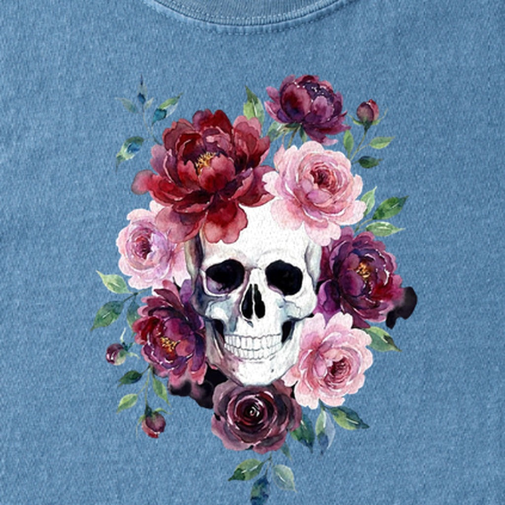 Watercolor Skull with Flowers Kids Cotton T-Shirt