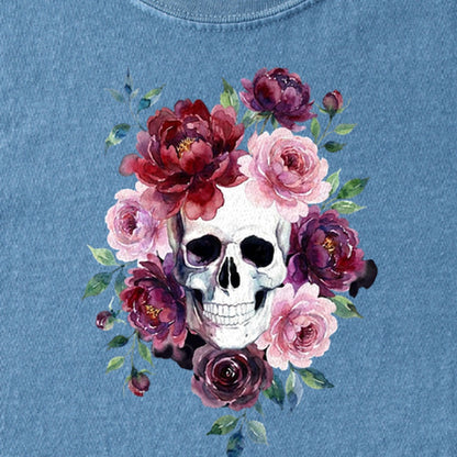 Watercolor Skull with Flowers Kids Cotton T-Shirt
