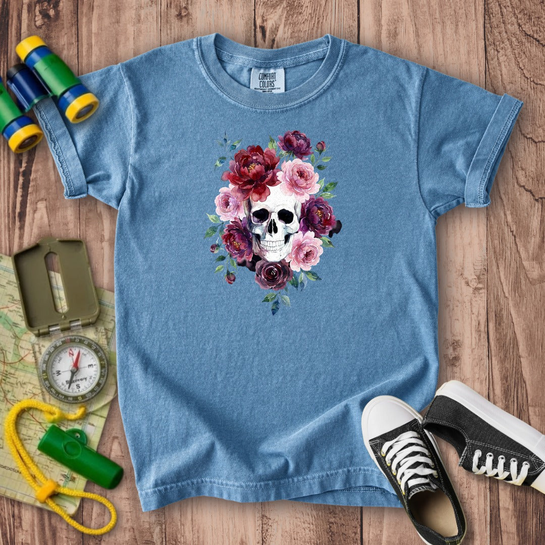 Watercolor Skull with Flowers Kids Cotton T-Shirt