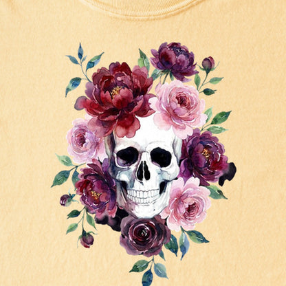 Watercolor Skull with Flowers Kids Cotton T-Shirt