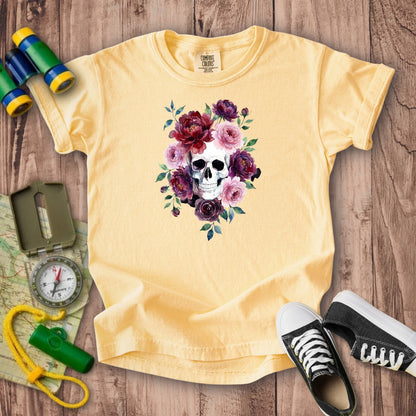 Watercolor Skull with Flowers Kids Cotton T-Shirt