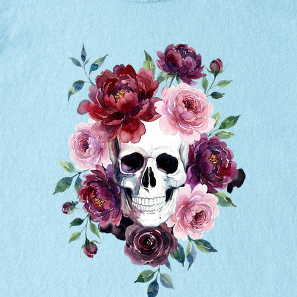 Watercolor Skull with Flowers Kids Cotton T-Shirt