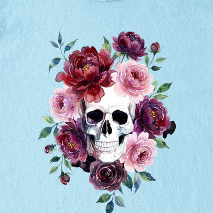 Watercolor Skull with Flowers Kids Cotton T-Shirt