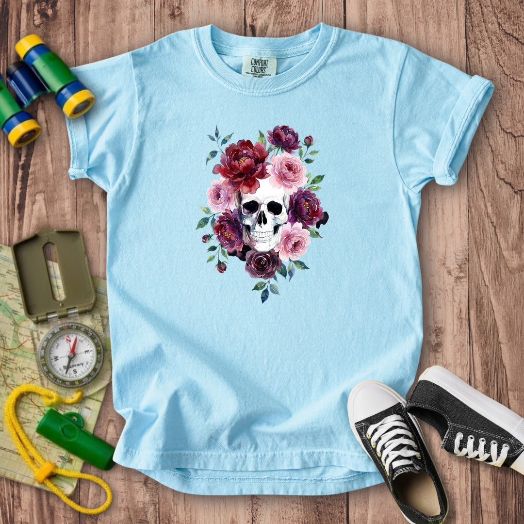 Watercolor Skull with Flowers Kids Cotton T-Shirt