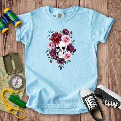 Watercolor Skull with Flowers Kids Cotton T-Shirt