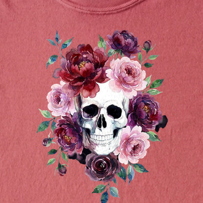 Watercolor Skull with Flowers Kids Cotton T-Shirt