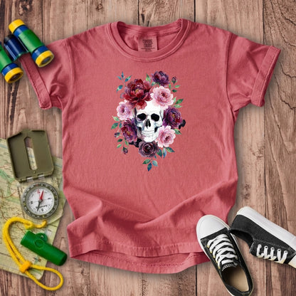 Watercolor Skull with Flowers Kids Cotton T-Shirt