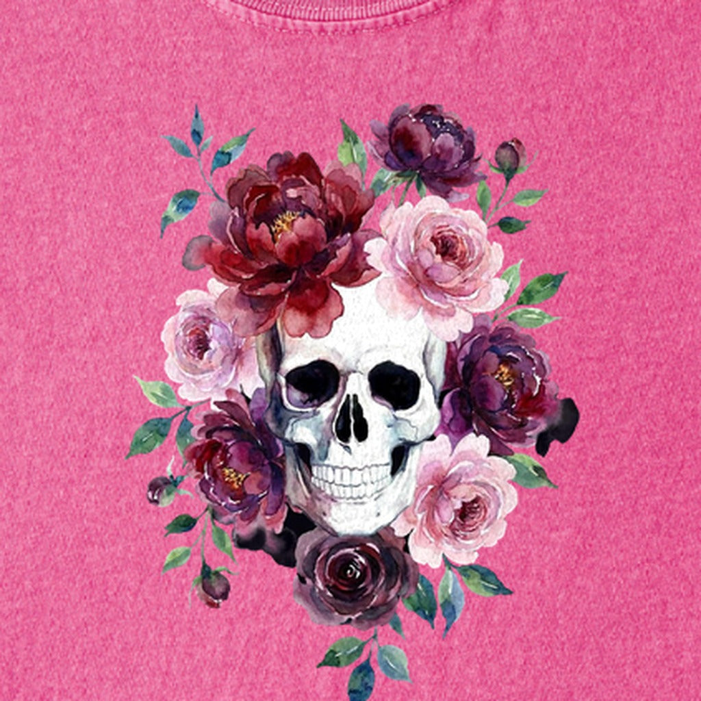 Watercolor Skull with Flowers Kids Cotton T-Shirt
