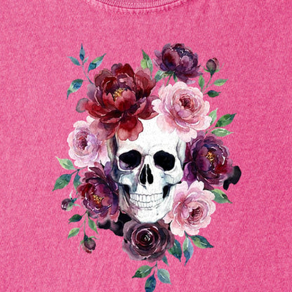Watercolor Skull with Flowers Kids Cotton T-Shirt