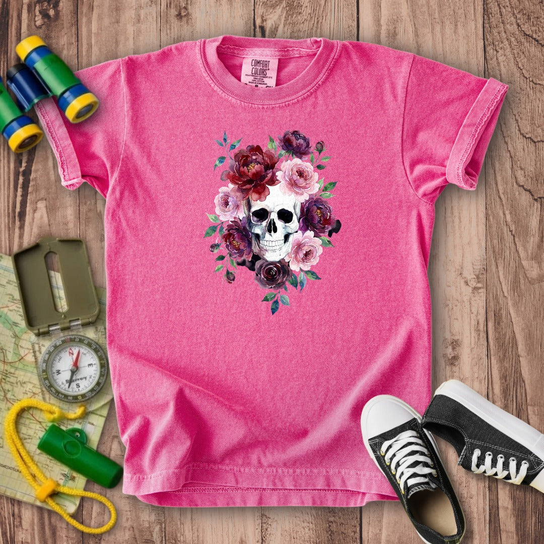 Watercolor Skull with Flowers Kids Cotton T-Shirt