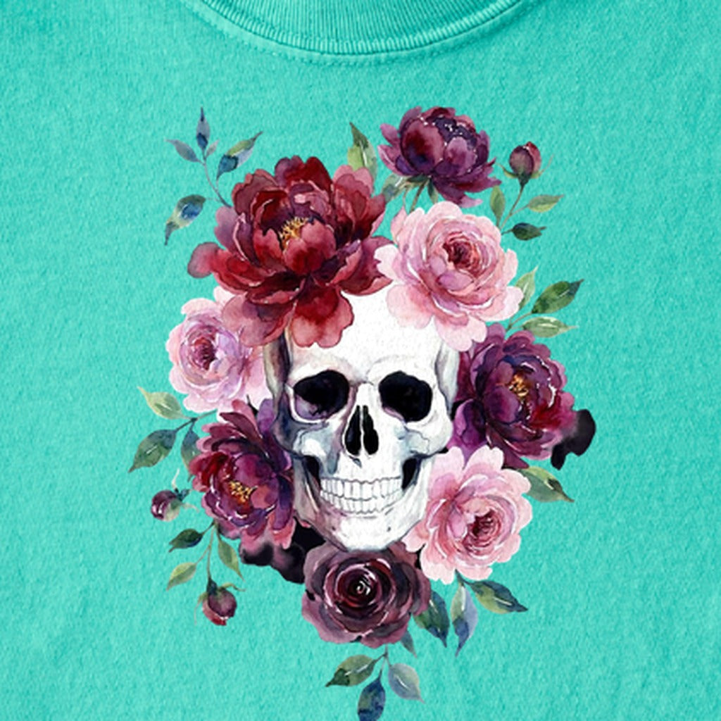 Watercolor Skull with Flowers Kids Cotton T-Shirt