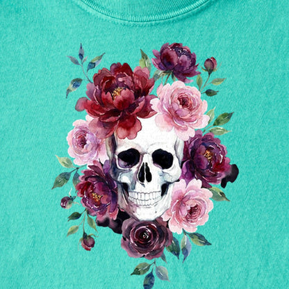 Watercolor Skull with Flowers Kids Cotton T-Shirt