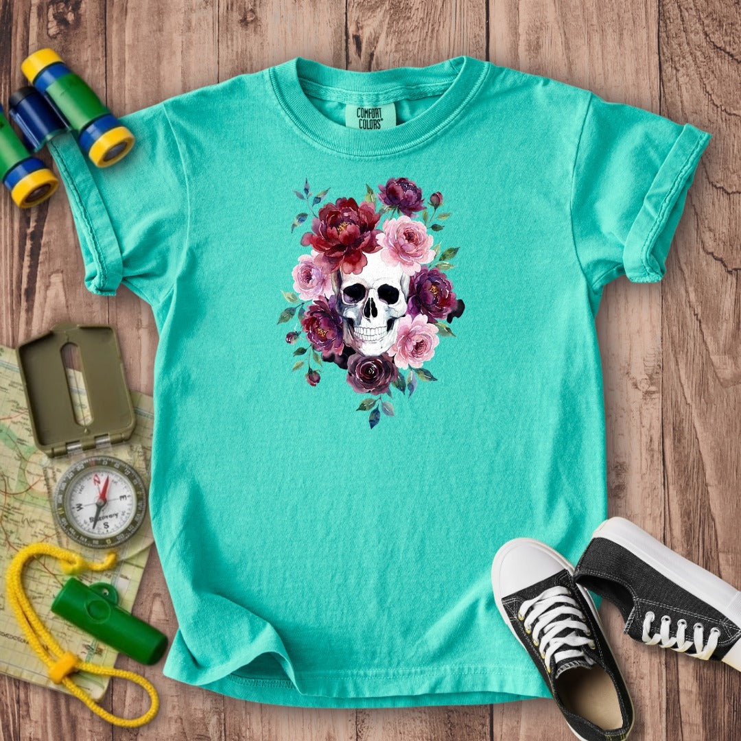 Watercolor Skull with Flowers Kids Cotton T-Shirt