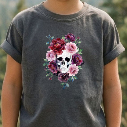 Watercolor Skull with Flowers Kids Cotton T-Shirt