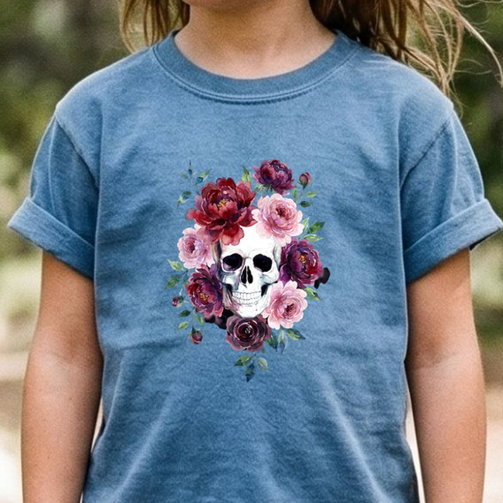 Watercolor Skull with Flowers Kids Cotton T-Shirt
