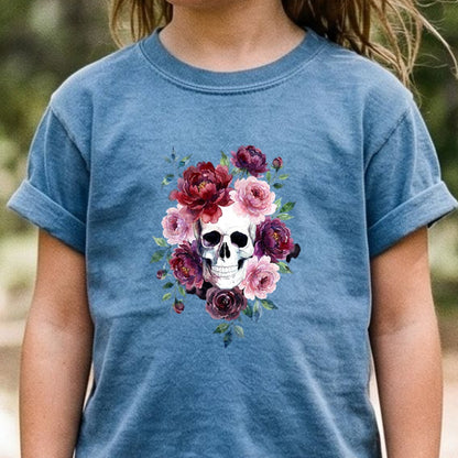 Watercolor Skull with Flowers Kids Cotton T-Shirt