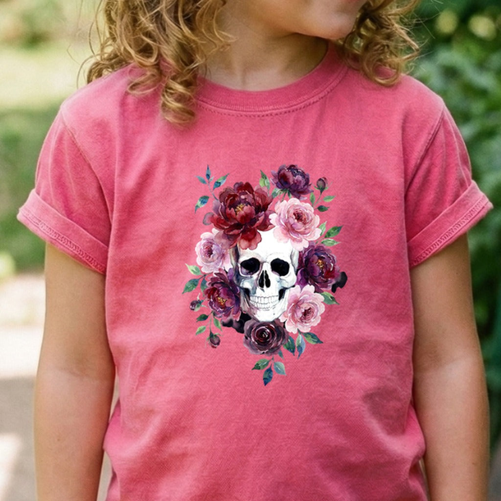 Watercolor Skull with Flowers Kids Cotton T-Shirt