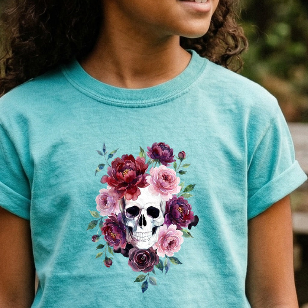 Watercolor Skull with Flowers Kids Cotton T-Shirt