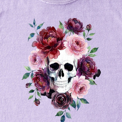 Watercolor Skull with Flowers Kids Cotton T-Shirt