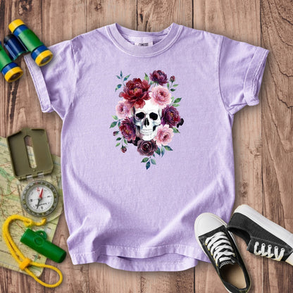 Watercolor Skull with Flowers Kids Cotton T-Shirt