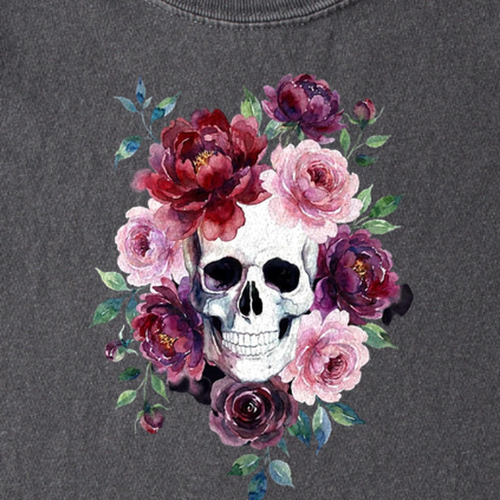 Watercolor Skull with Flowers Kids Cotton T-Shirt