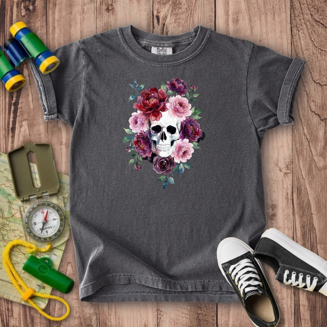 Watercolor Skull with Flowers Kids Cotton T-Shirt