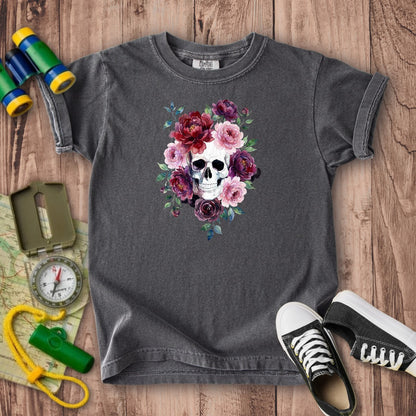 Watercolor Skull with Flowers Kids Cotton T-Shirt
