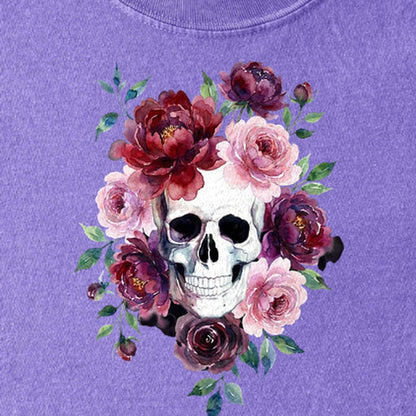 Watercolor Skull with Flowers Kids Cotton T-Shirt