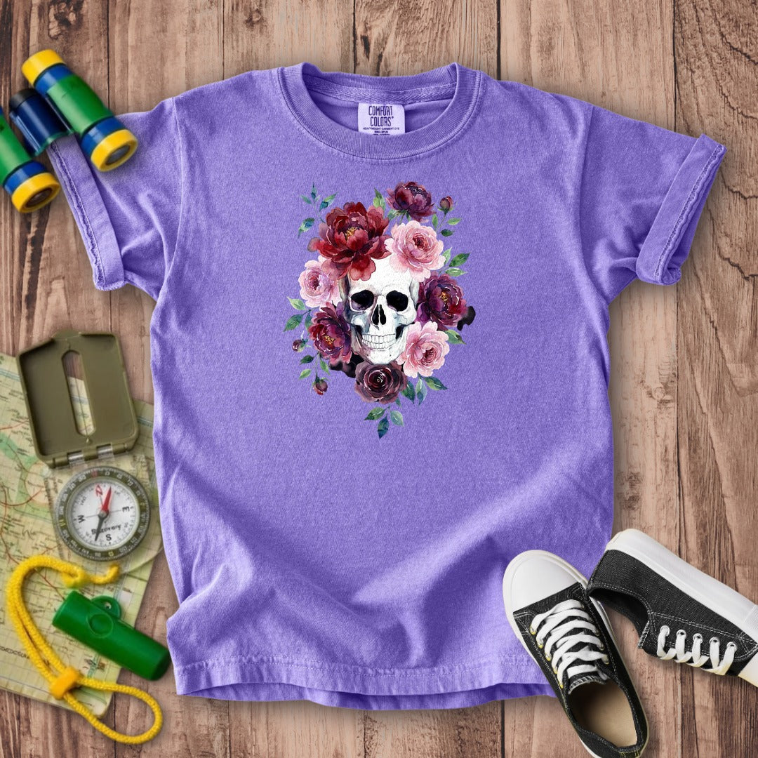 Watercolor Skull with Flowers Kids Cotton T-Shirt