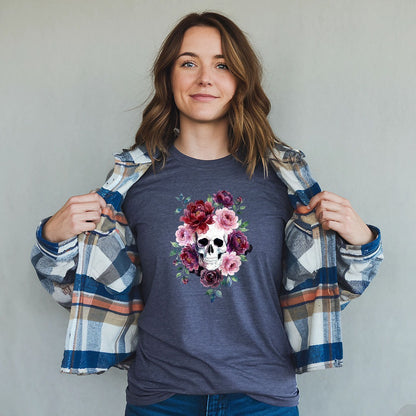 Watercolor Skull with Flowers T-Shirt