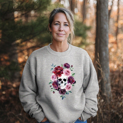 Watercolor Skull with Flowers Crewneck Sweatshirt