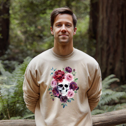 Watercolor Skull with Flowers Crewneck Sweatshirt