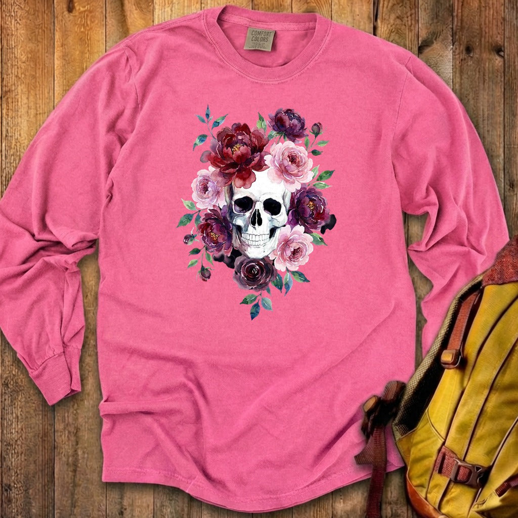 Watercolor Skull with Flowers Premium Long Sleeve