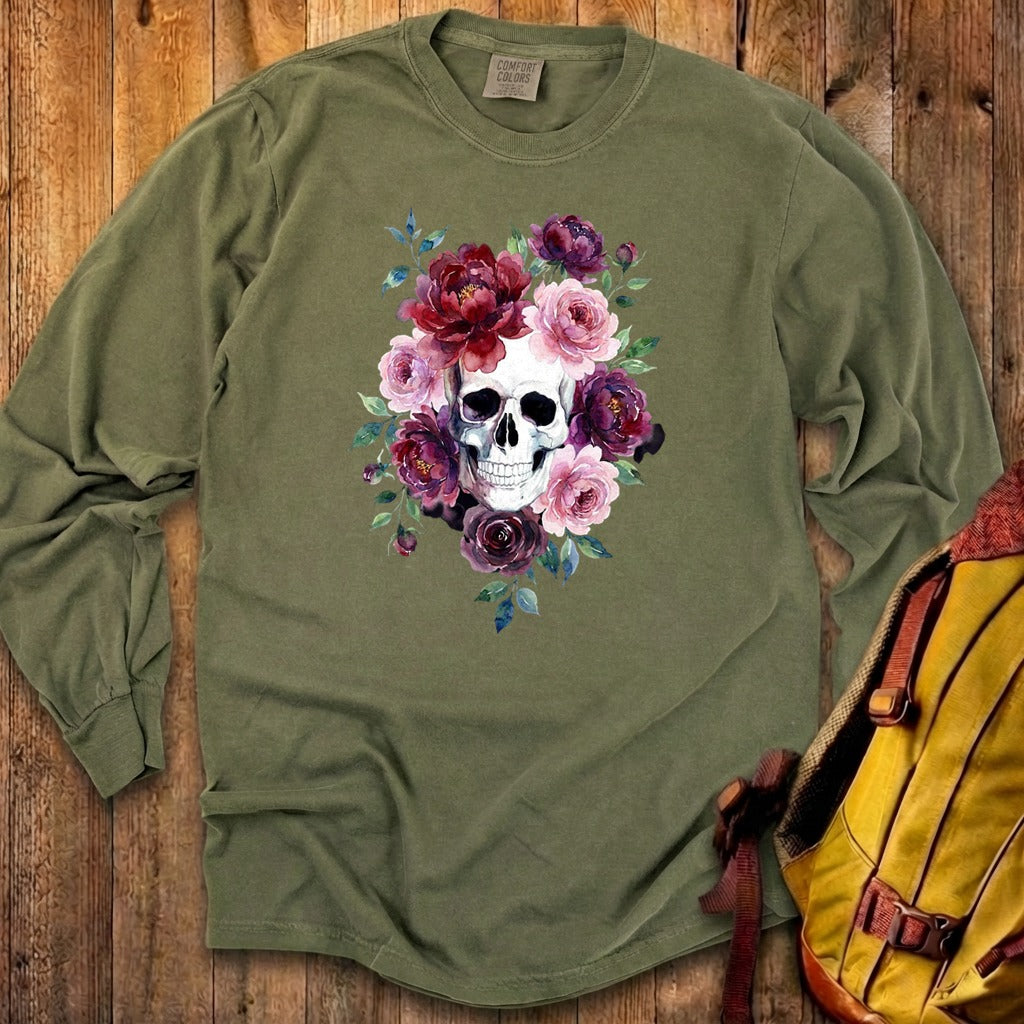 Watercolor Skull with Flowers Premium Long Sleeve