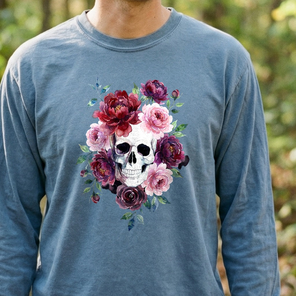 Watercolor Skull with Flowers Premium Long Sleeve