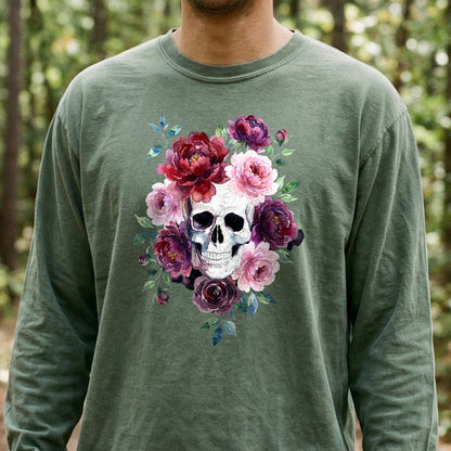 Watercolor Skull with Flowers Premium Long Sleeve