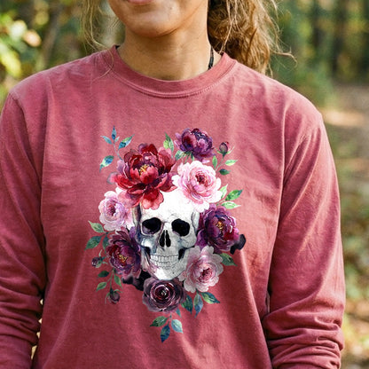 Watercolor Skull with Flowers Premium Long Sleeve