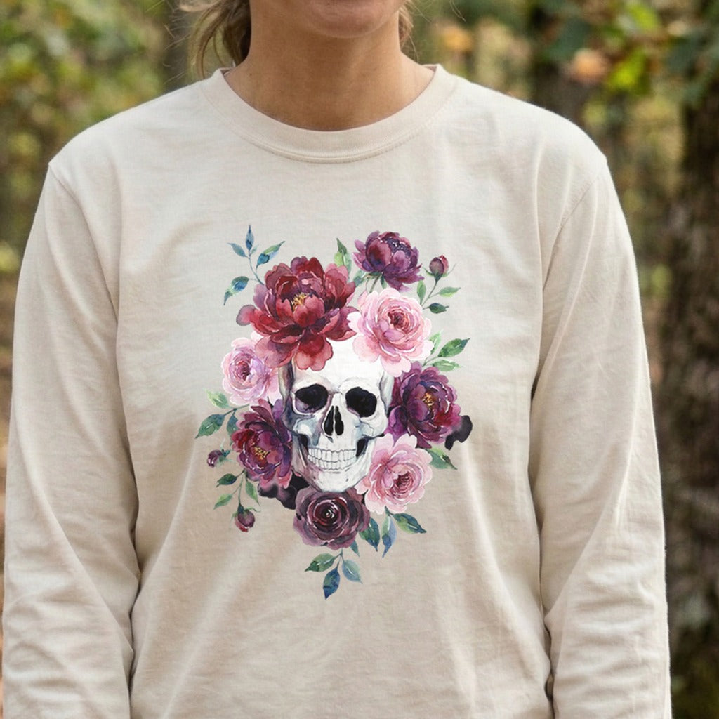 Watercolor Skull with Flowers Premium Long Sleeve