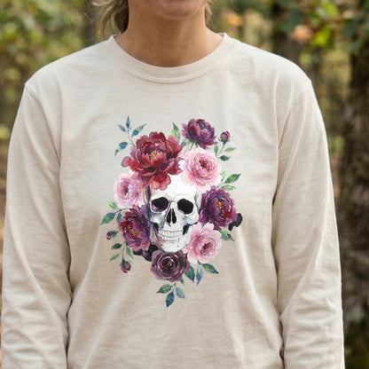 Watercolor Skull with Flowers Premium Long Sleeve