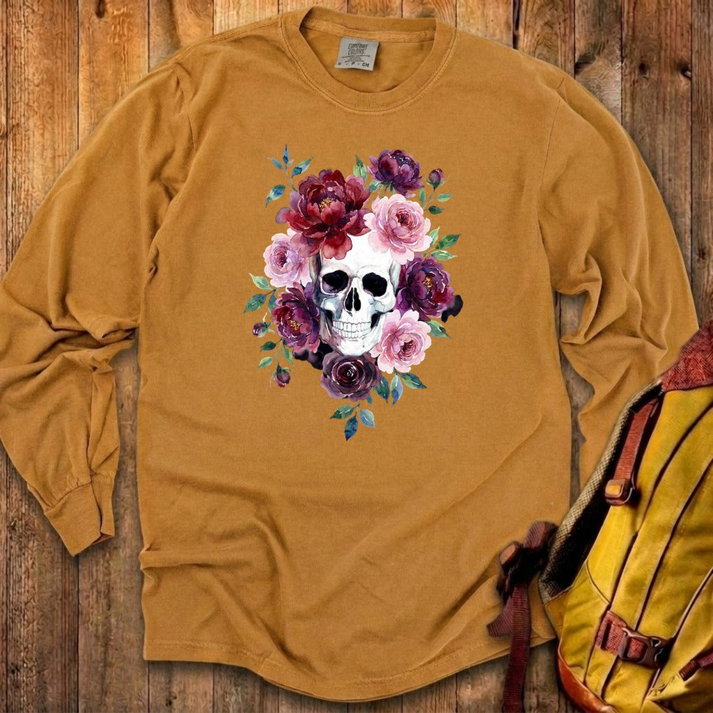 Watercolor Skull with Flowers Premium Long Sleeve