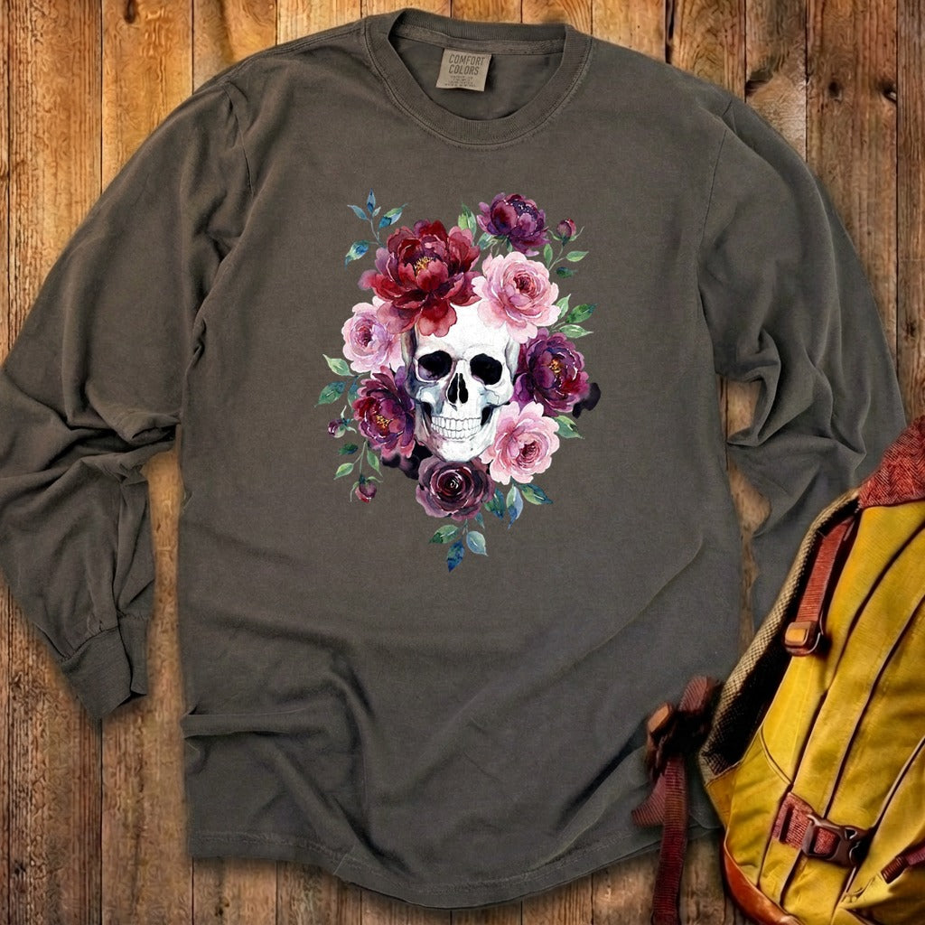 Watercolor Skull with Flowers Premium Long Sleeve