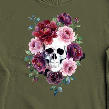 Watercolor Skull with Flowers Crewneck Sweatshirt
