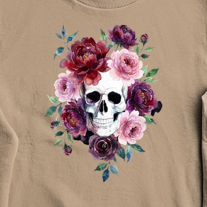 Watercolor Skull with Flowers Crewneck Sweatshirt