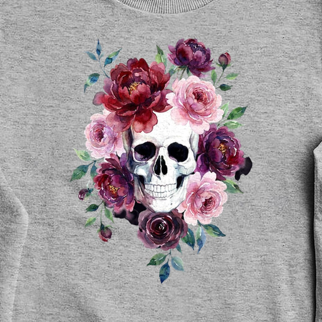 Watercolor Skull with Flowers Crewneck Sweatshirt