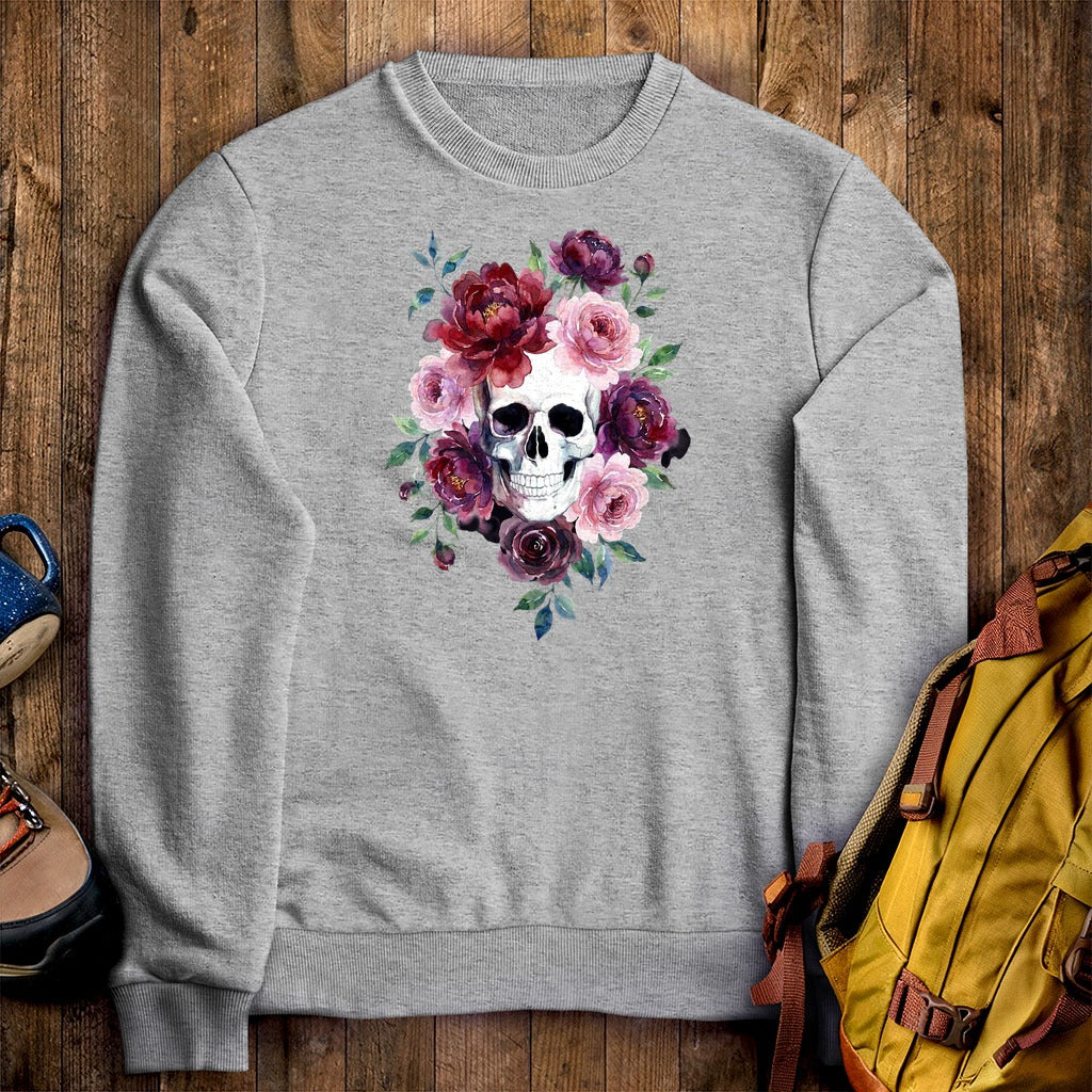 Watercolor Skull with Flowers Crewneck Sweatshirt
