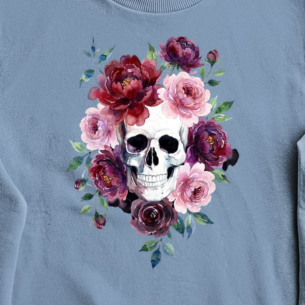 Watercolor Skull with Flowers Crewneck Sweatshirt